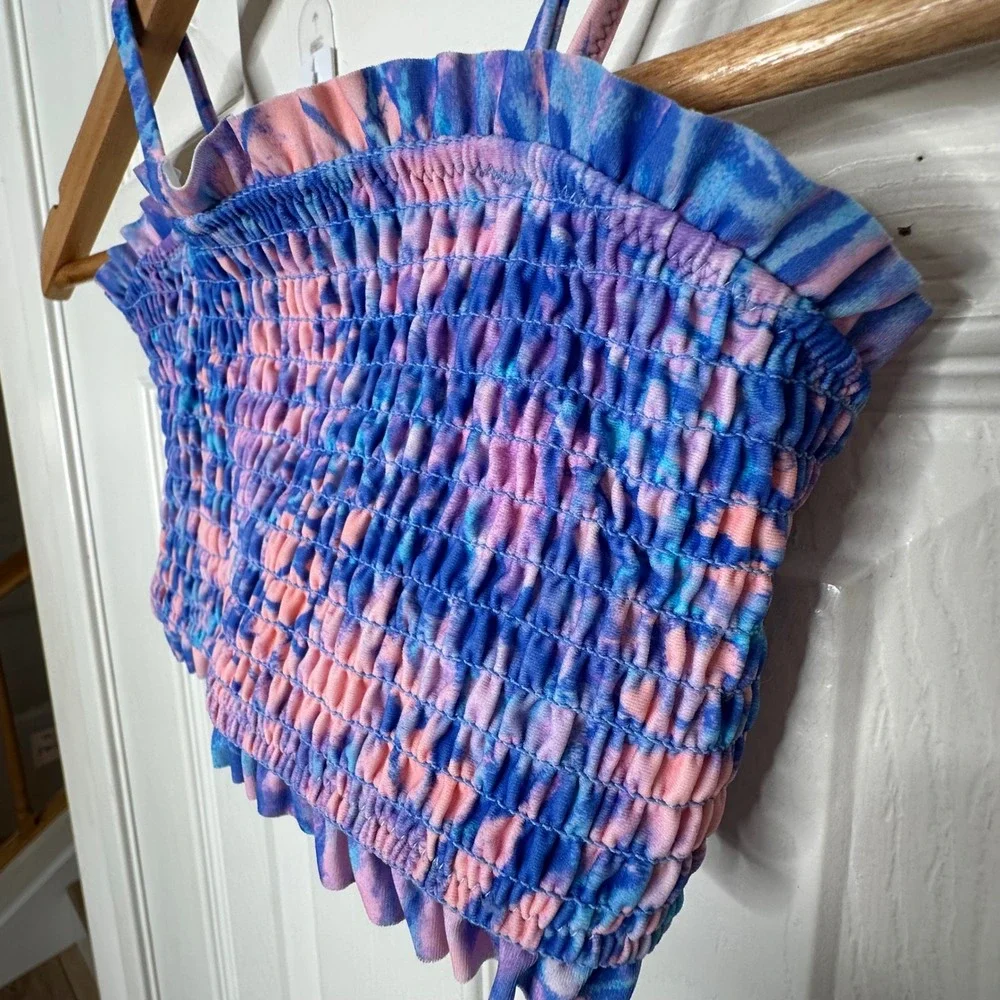 Crewcuts J Crew Smocked Ruffle Tie Dye Bikini Swim‎ Top Girls Size 6 7 UPF 50+